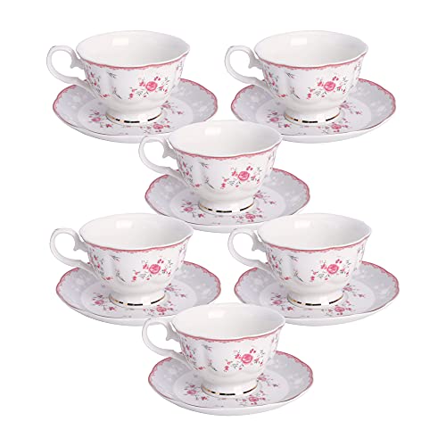 fanquare 5oz Vintage Pink Rose Porcelain Tea Cup and Saucer Set for 6
