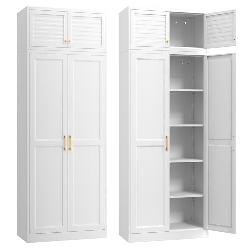 Steeloong 86"Metal Pantry Storage Cabinet with Doors & 4 Adjustable Shelves | Kitchen Pantry Cabinet,White Kitchen Cabinet with 4 Gold Handles,Tall Cabinet for Livingroom,Pantry, Bathroom,Kitchen,Garage - color: White, size: 86"H-B