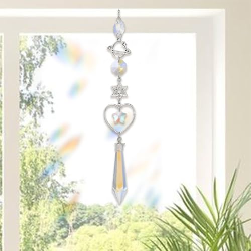 CREATCABIN Crystal Suncatcher Crystal Pendant Rearview Mirror Car Decor Wind Chimes Rainbow David Star Heart Planet Charm Hanging Pendant Ornaments Accessories for Window Balcony Home Garden - style: David Star