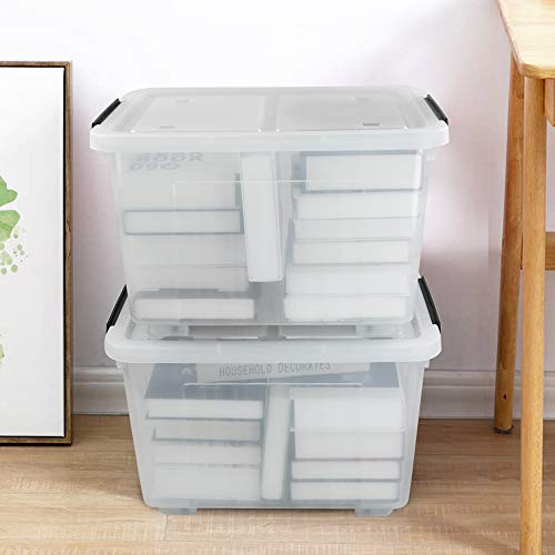 Kekow 4-Pack Clear Plastic Large Storage Box, Latch Bin with Wheels, 30 L | Easy-Glide Wheels, Sturdy Plastic Build, Easy Content Identification, Multi-Purpose Storage Bin, for Home Office Garage Use - size: 30 L