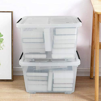 Kekow 4-Pack Clear Plastic Large Storage Box, Latch Bin with Wheels, 30 L | Easy-Glide Wheels, Sturdy Plastic Build, Easy Content Identification, Multi-Purpose Storage Bin, for Home Office Garage Use - size: 30 L