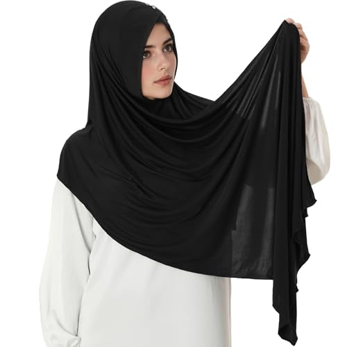 khalat Instant Hijab 여성용 무슬림 샤이니 라인스톤 데일리 스카프 부드럽고 신축성 있는 단색 이슬람 기도 히잡 - color: 블랙.