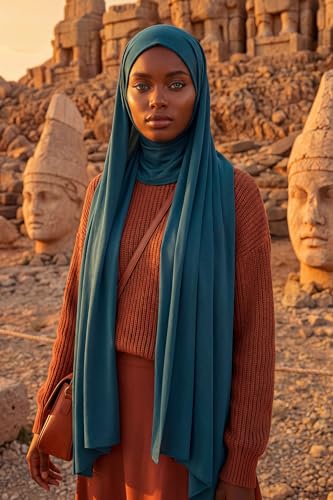 Aisha's Design Neck-Covering Practical Jersey Hijab with Built-In Ninja Bonnet - color: Petrol Blue