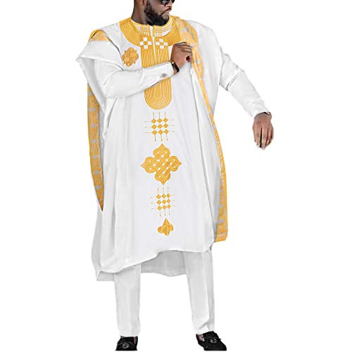 HD African Mens Apparel Agbada Clothing Embroidery Dashiki Shirts and Pants Outfits 3 Pieces - color: White-g, size: X-Large