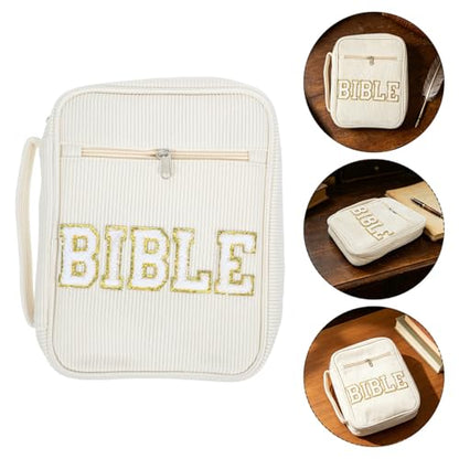 Bible Versatile Storage Carrying Case with Zippered Pocket Beige and Portable Carry Handle, Corduroy Material Bible Pouch with Dedicated Pen Slots for Temple Scriptures