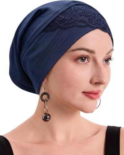 ZLYC Hijab Cap for Muslim Women Soft Stretchy Open-Back Inner Undercap - color: Lace Navy