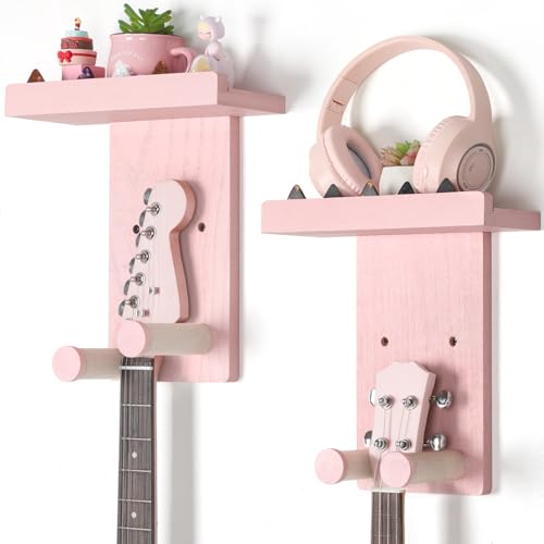 Keebofly 2-Pack Guitar Wall Mount Hanger with Shelf & Pick Holder - Wood Wall Hook for Acoustic, Electric, Bass Guitars, Ukulele (Screw-Mounted, Pink) [Patented] - color: 2 Pack_Pink