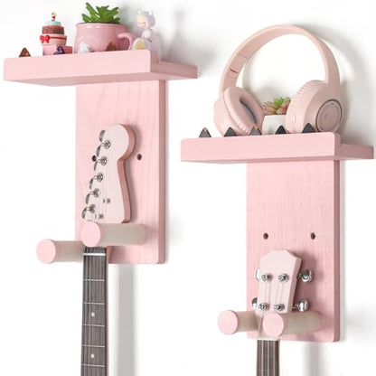 Keebofly 2-Pack Guitar Wall Mount Hanger with Shelf & Pick Holder - Wood Wall Hook for Acoustic, Electric, Bass Guitars, Ukulele (Screw-Mounted, Pink) [Patented] - color: 2 Pack_Pink