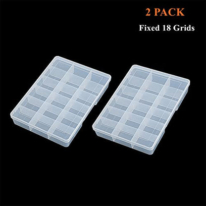 2 Pack Fixed 18 Grids Clear Plastic Compartment Container Case, Transparent Organizer Storage Divider Box with Lid for Bead, Button, Hardware, Screw, Sewing Kit, Craft Supplies - size: small 18 grids