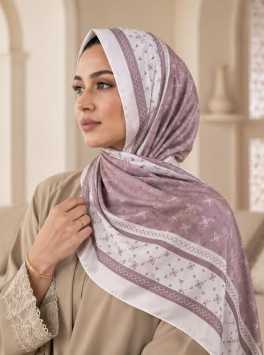 Satin Hijab Scarf for Women, Silk-Feeling Muslim Headscarf, Digital Bow Letter Print Head Wrap Shawl for Summer - color: Mocha Color