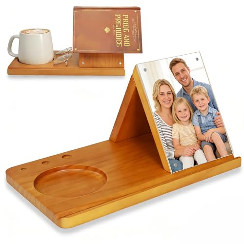 Wooden Triangle Book Stand with Cup Holder 4"x6" Acrylic Picture Frame for Family Frame - Multifunctional Reading Valet Book Rest for Desk, Birthday&Mothers Day Gift for Reader and Book Lovers - style: Acrylic Picture Frame