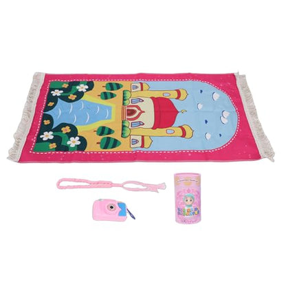 Pssopp Pray Rug for Kids, Thick and Soft Convenient to Carry Not Easy Fade Children Meditation Mat with Tassel Pray Beads Pendant Cylinder for Worship (Pink) - color: Pink