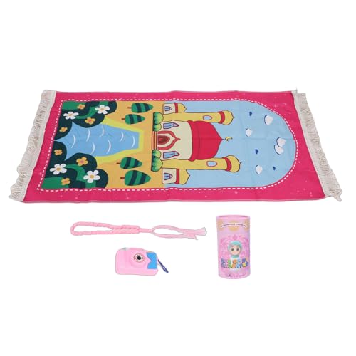 Pssopp Pray Rug for Kids, Thick and Soft Convenient to Carry Not Easy Fade Children Meditation Mat with Tassel Pray Beads Pendant Cylinder for Worship (Pink) - color: Pink