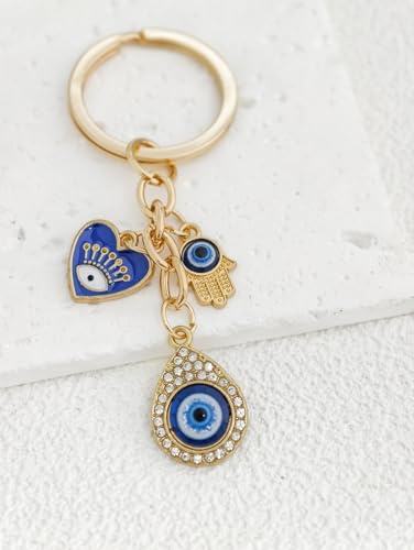 Blue Evil Eye Keychain Hamsa Hand Protection Keyring Good Luck Amulet for Purse Keys,Spiritual Gift for Women Men - color: Gold-4