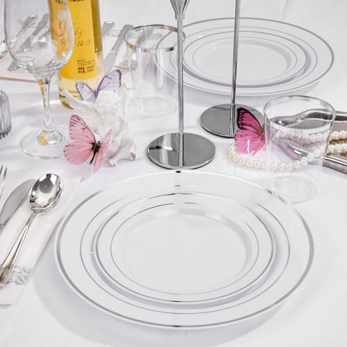 Supernal 200pcs Silver Plastic Dinnerware Sets for 25 Guests included Silver Silverware Set & Plastic Plates heavy duty Disposable Cups and Paper Napkins Disposable for Party Birthday and Wedding - color: 200pcs White and Silver Plastic Dinnerware