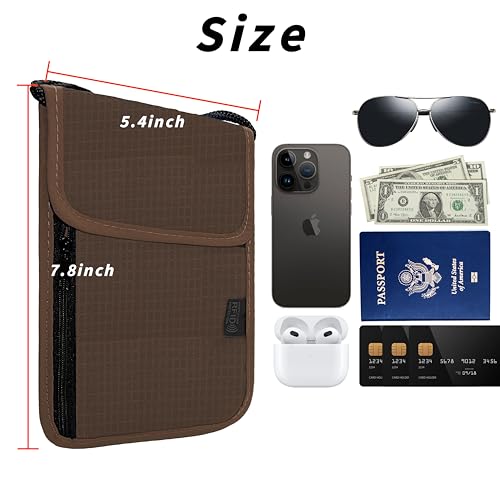 Travel Neck Wallet with RFID Blocking – Passport Holder Organizer Neck Pouch – Portable Easy to Conceal Travel Pouch (Brown) - color: Brown