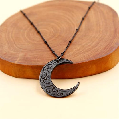 Stainless Steel Arabic Moon Pendant Necklace - Islamic Allah Symbol Jewelry for Men and Women - Religious Amulet Talisman Gift YA4979 - color: black moon pendant necklace