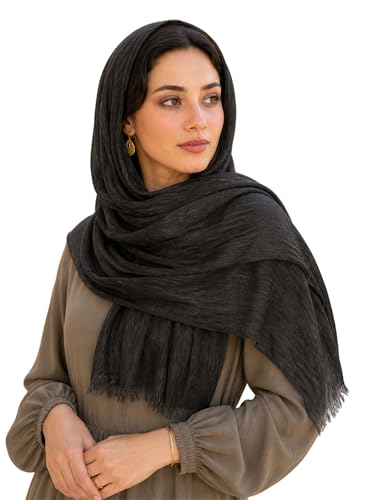 Lightweight Rayon Scarf with Cotton Linen Texture – Breathable Wrinkle Hijab, Vintage Dyed Wrap Shawl - color: Black