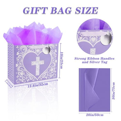 JWSCYSY 12.6" Large Purple Gift Bag with Metallic Silver Floral Cross Design, Card and Tissue Paper for Baby Girl Baptisms, Christenings, First Communions Religious - color: Purple 12.6"