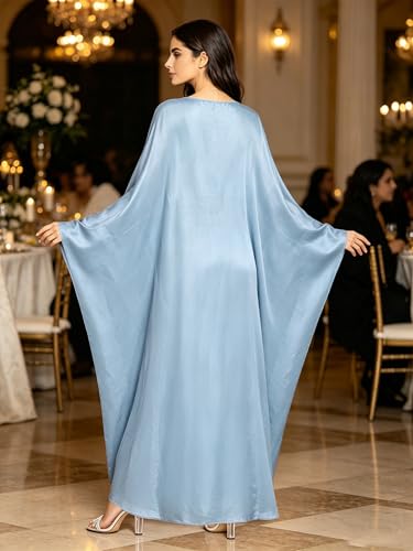 Shinsto Women Satin Prayer Dress Kaftan Robe Musulmane Femme Flashy Gown Luxury Party Wear Nightclub Outfit - color: Sky Blue, size: 1