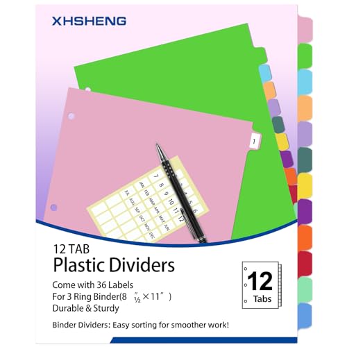 Binder Dividers with Tabs,Monthly Dividers for 3 Ring Binder,12 TABS,Customizable Table of Contents,Multicolor,1 Sets