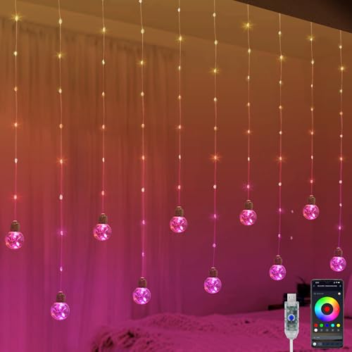 Color Changing Wishing Ball Curtain Lights, 9.8 x 3.3 FT RGB LED Fairy Light with Remote App Control, Music Sync Window Backdrop Wall Hanging Lights for Bedroom Party Halloween Christmas Decoration - color: Color Changing-USB