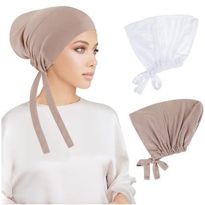 PHOGARY 2 Pcs Women Hijab Undercap, Islamic Muslim Under Hijab Cap Inner Under Scarf Hat Turban with Tie Back Closure - color: White,light Khaki