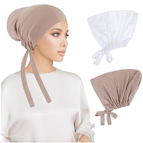 PHOGARY 2 Pcs Women Hijab Undercap, Islamic Muslim Under Hijab Cap Inner Under Scarf Hat Turban with Tie Back Closure - color: White,light Khaki