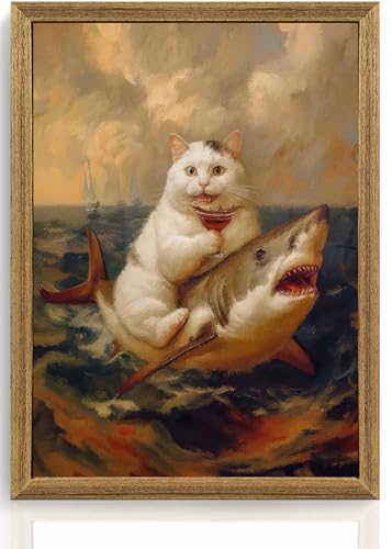 ICHZUMW Framed Funny White Cat Riding Shark Ocean Canvas Wall Art 12x16 In - color: White Shark Rider, size: 16"L x 12"W