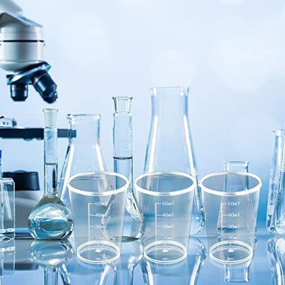 100pcs 50ML Plastic Graduated Measuring Beaker Set, Clear Liquid Measuring Mixing Cups for Epoxy Resin, Liquid Container Beakers for Resin Epoxy Paint Food, Lab Use, Raised Graduations, Tapered Spout - size: 50ML