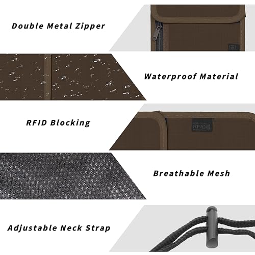 Travel Neck Wallet with RFID Blocking – Passport Holder Organizer Neck Pouch – Portable Easy to Conceal Travel Pouch (Brown) - color: Brown