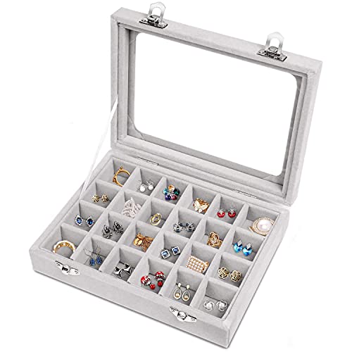 Jewelry Box 24 Grid Velvet Jewelry Tray for Drawers Glass Clear Lid Showcase Display Storage Ring Trays Holder Earrings Organizer Case(Grey)