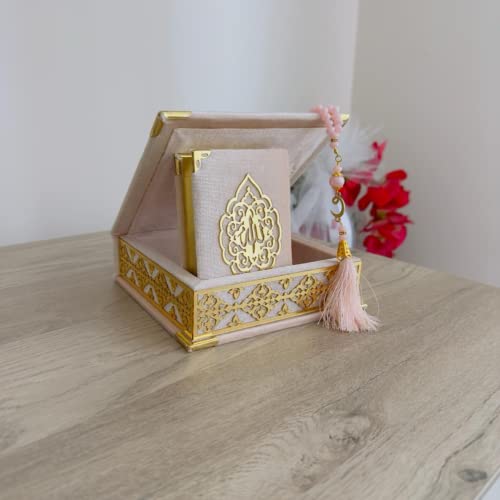 Velvet Covered Quran Tasbeeh Prayer Beads | Islamic Wedding, Graduation Gift Set with Wooden Box | Eid, Ramadan Favor (Pink) - color: Pink