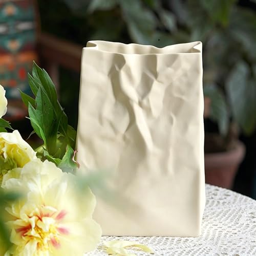 Crinkle Paper Bag Ceramic Vase, Cream White Crumpled Paper Bag Wide Mouth Flower Vase, Minimalist Boho Modern Decor for Pampas Grass, Home Office Wedding Party Centerpiece, Shelf Table Desk Decor - color: Cream White - Paper Bag Vase