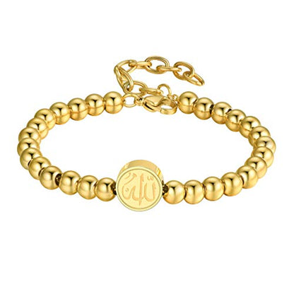 PROSTEEL Allah Bracelet, Muslim Islamic Jewelry Religious Islam Arabic God Charm Stainless Steel Beads Chain Bracelet, fits wrist from 5.9'' to 7.9'', Come with Box - color: 04 gold-beads chain