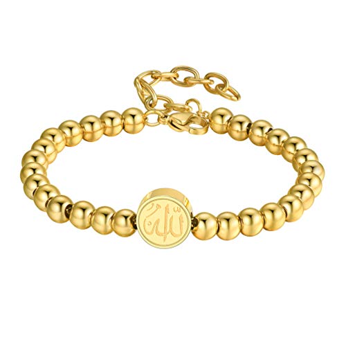PROSTEEL Allah Bracelet, Muslim Islamic Jewelry Religious Islam Arabic God Charm Stainless Steel Beads Chain Bracelet, fits wrist from 5.9'' to 7.9'', Come with Box - color: 04 gold-beads chain