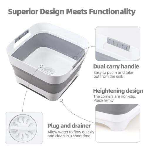 2.6 Gal/10L Collapsible Wash Basin with Drain Plug, Dish Tub | Portable Large Capacity Space-Saving Tub for Baby Bottles, RV, Camping, Kitchen, Travel & Outdoor Use - color: Gray