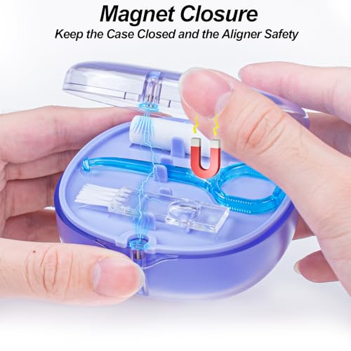 Double-layer Retainer Box Case Orthodontic Teeth Aligner Case with Mirror, Dental Night Mouth Guard Holder with Retainer Remover Tool, Chew and Brush - Secure Magnet Closure - Transparent Blue - color: Transparent Blue