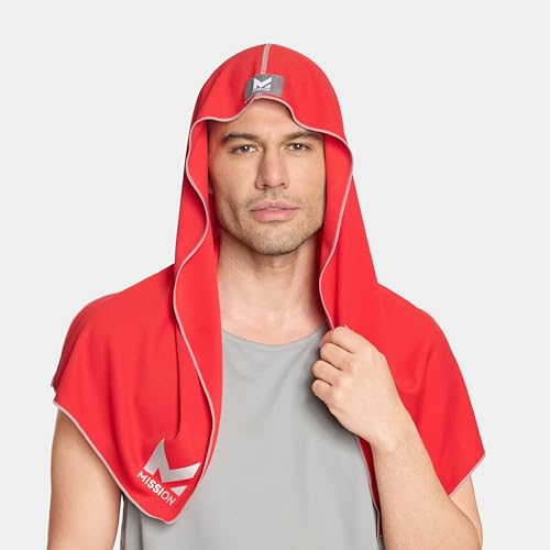MISSION Cooling Hoodie Towel, Evaporative Cool Technology, Cools Instantly When Wet, UPF 50 Sun Protection, Contours Your Head to Stay in Place, Great for Sports, Fitness, Gym - color: Red