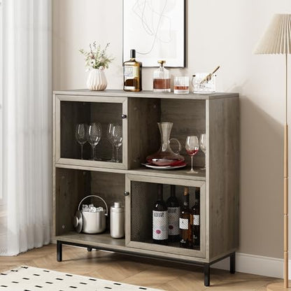 IDEALHOUSE Coffee Bar Cabinet, Farmhouse Sideboard Buffet Cabinet with Storage, Wine Liquor Bar Cabinet with Metal Sliding Door, Wood Accent Cabinet for Kitchen, Dining Room, Living Room, Grey