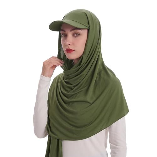 ZLYC Women Muslim Hijab Scarf with Visor Built-in Undercap Sun Protection Headwrap - color: Solid Army Green