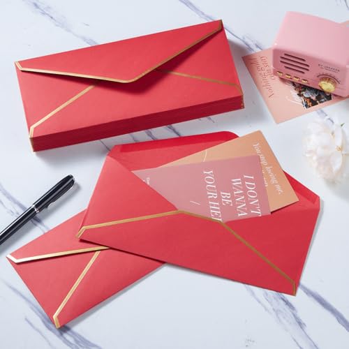 100 Pack #10 Business Envelopes with Gold Stickers, Red - color: Red