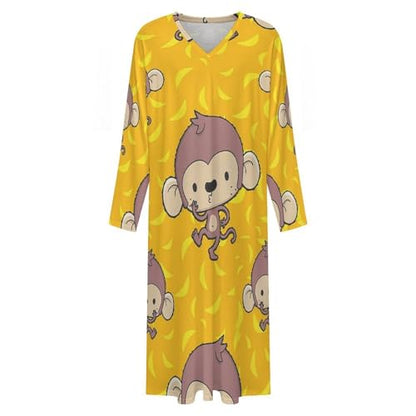 Banana And Monkeys Men's Kaftan Thobe Long Sleeve Robe V Neck Casual Gown - size: 3X-Large