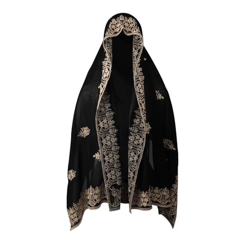 OhMill Black Hijab Scarf Soft Floral Embroidered Chiffon Headscarf Lightweight Lace Scarves Long Shawl Wrap for Women Wedding - color: Leave