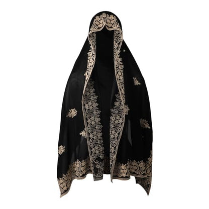 OhMill Black Hijab Scarf Soft Floral Embroidered Chiffon Headscarf Lightweight Lace Scarves Long Shawl Wrap for Women Wedding - color: Leave