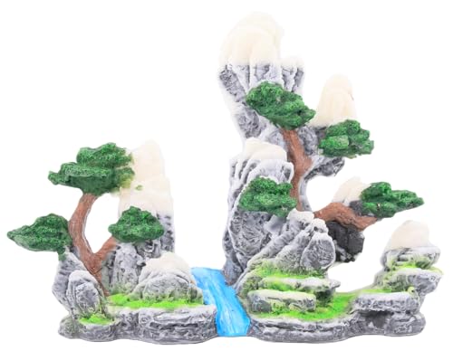 Mountain Waterfall Aquarium Decoration – Natural Rock Cliff with Trees & Stream, Hand-Painted Resin Fish Tank Ornament