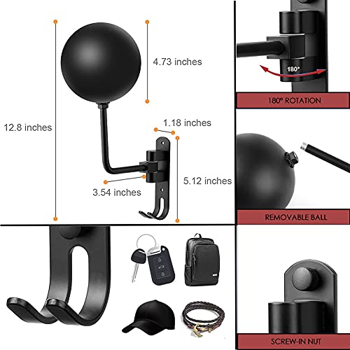 SANGMO 6 Pack 180° Motorcycle Helmet Holder Wall Mount, Rotation Metal Helmet Rack, Helmet Holder Bike with 2 Hooks Helmet Hanger for Motorcycle Bike Coats, Caps, Baseballs, Rugby Helmet (Black) - color: Black*6