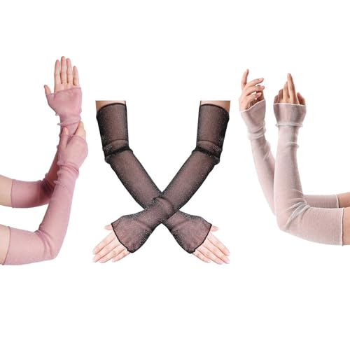Jmkcoz 3 Pairs Women's Long Ultra-thin Lace Gloves UV Protection Cooling Arms Sleeves Fingerless Mesh Gloves for Sport Party