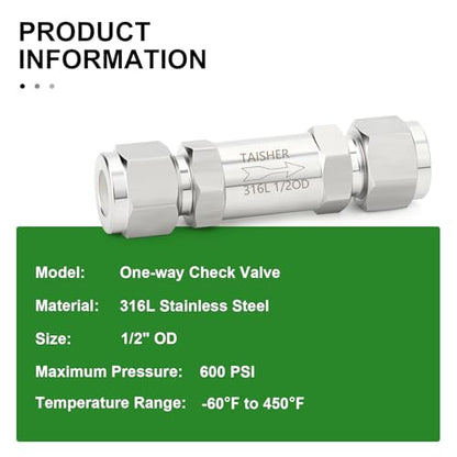 1PCS 316L Stainless Steel 1/2" Tube OD Check Valve(Ferrule Silver Plated),Backflow Prevention,One Way Non-Return Check Valves - size: 1/2" Tube OD