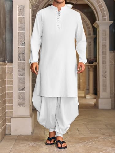Runcati Mens Kaftan Thobe Button Down Henley Shirts Robe Long Sleeve Casual Cotton Linen Muslim Gown Shirt - color: White, size: X-Large